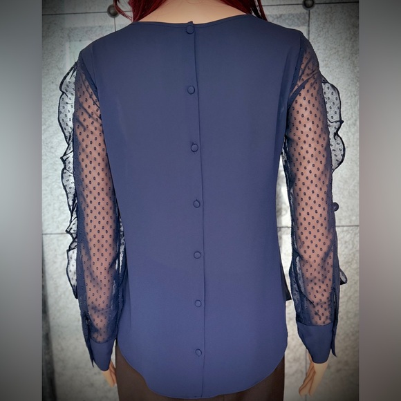 Express Navy Blouse with Sheer Polka Dot Sleeves - Picture 3 of 11